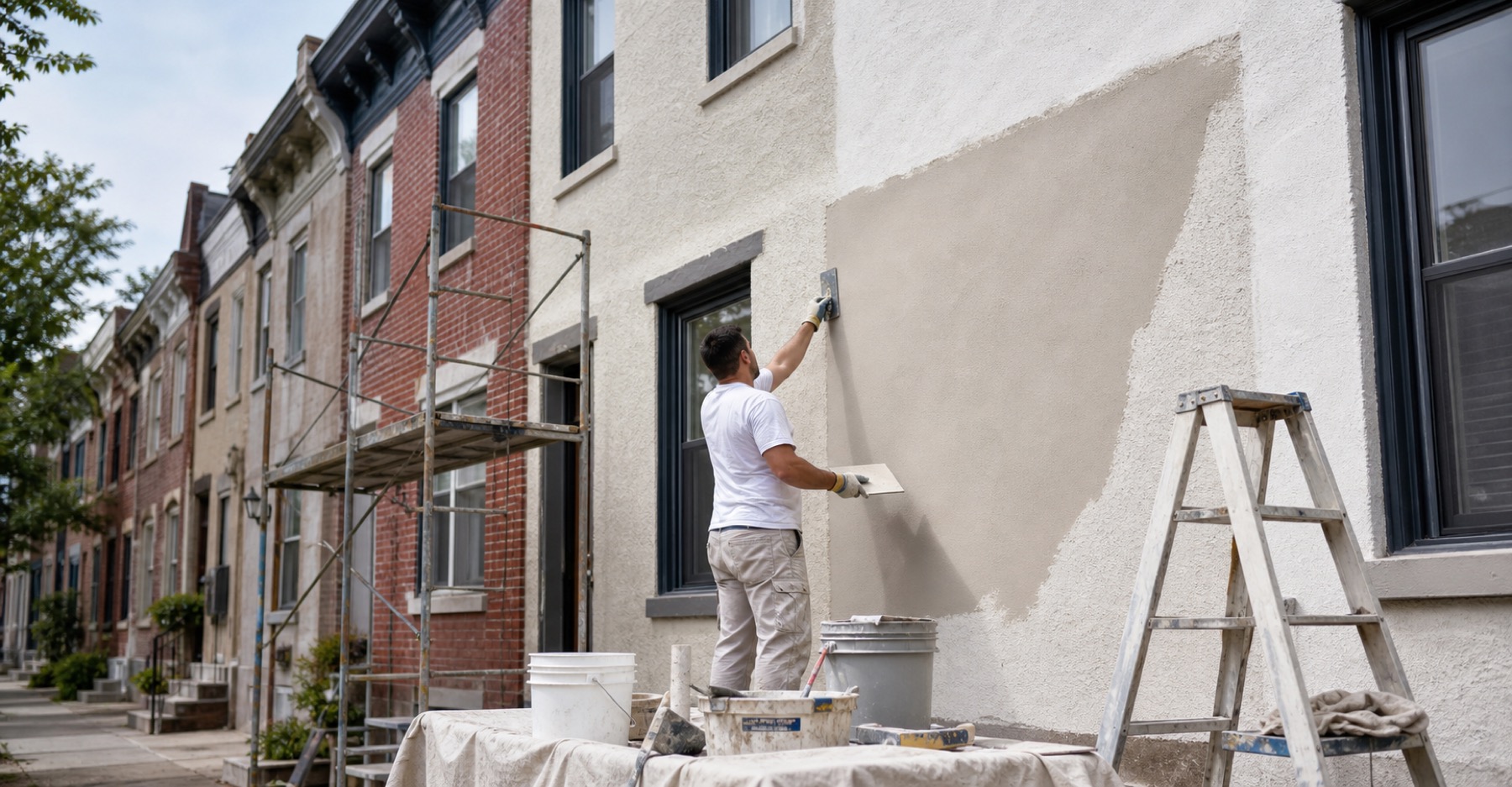 Stucco repair work on a Philadelphia rowhome facade